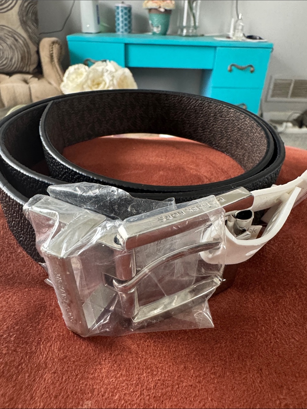 Michael kors Men's Black Leather Belt with Silver Buckle
